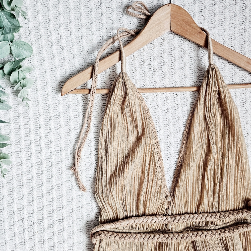 Spell & The Gypsy Liquid Gold Jumpsuit Sheer Lined Metallic Tie Halter Vintage S - Picture 6 of 16